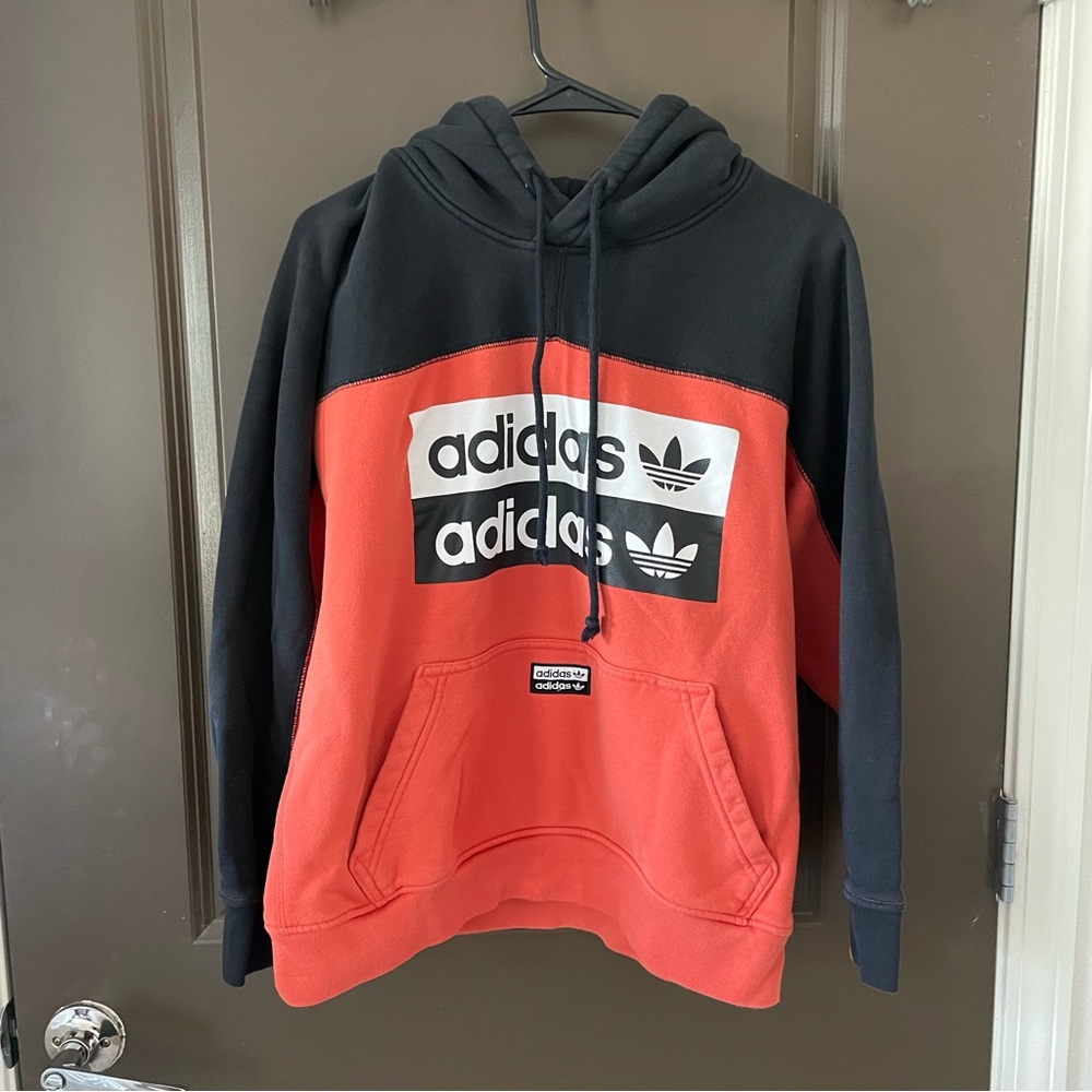 Adidas Black and Orange Hoodie with Logo Activewear Front Pocket Size Small